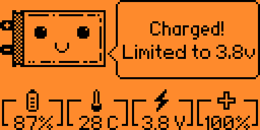 Screenshot of the "Battery Info" menu, showing a charged battery at 3.8v and the text "Charged!  Limited to 3.8v"
