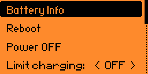 Screenshot of the "Power" menu, showing a new configuration item called "Limit charging"