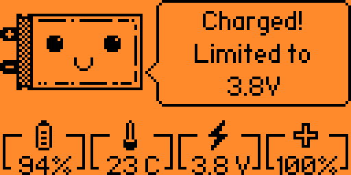 Screenshot of the "Battery Info" menu, showing a charged battery at 3.8v and the text "Charged!  Limited to 3.8v"