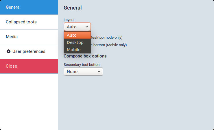 glitch.social App Settings configuration window, showing the 'General' tab with the 'Layout' dropdown expanded, showing 'Auto', 'Desktop', and 'Mobile'.