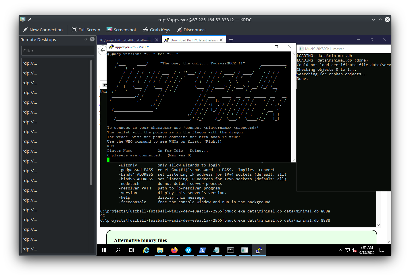 Screenshot of KDE Remote Desktop Client connected to Windows 10 on AppVeyor showing Fuzzball running, launched via cmd.exe, with Fuzzball server window open and a PuTTY window showing a successful connection to the MUCK