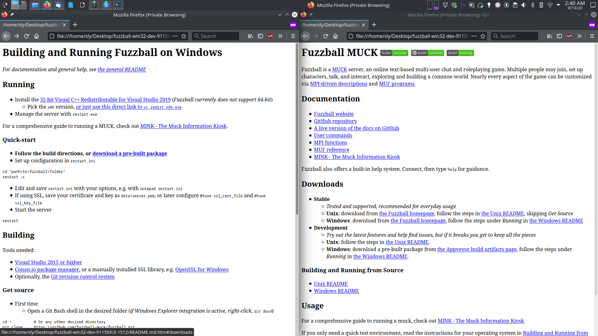 The "README_WINDOWS.md.htm" and "README.md.htm" files from the Windows build artifact open side-by-side in Firefox